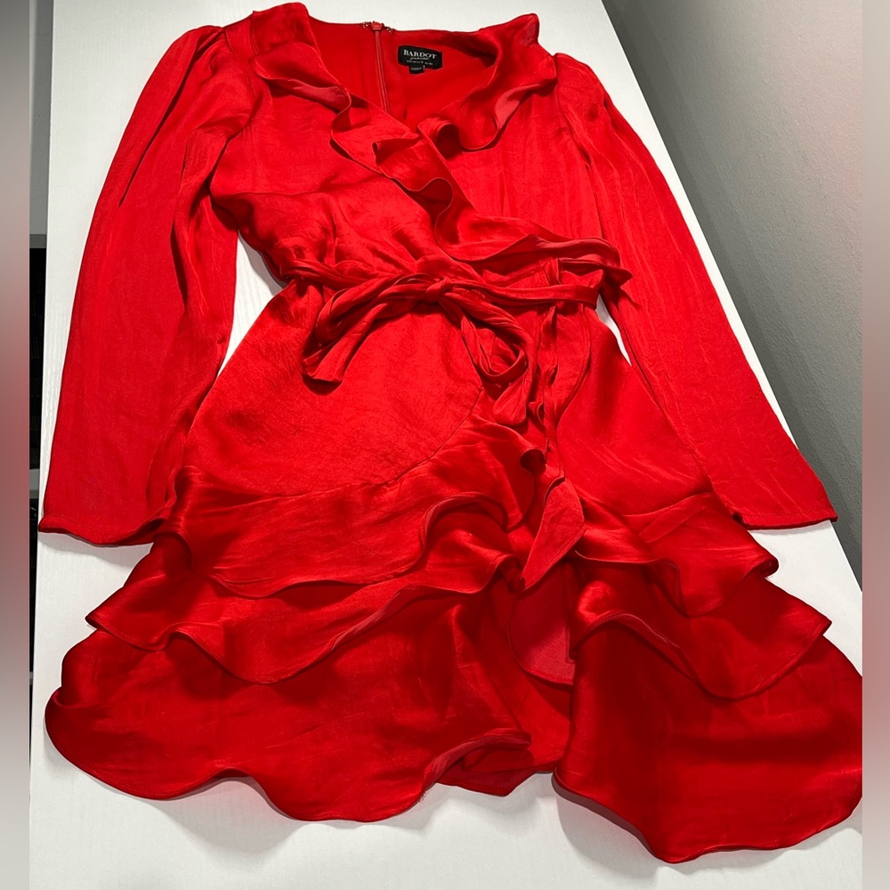 BARDOT JUNIOR Girls Red Ruffle Wrap Dress Long Sleeve Tie Waist Size 10